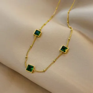 Green Zircon Necklace Stainless Steel Charm Jewelry NCJT36