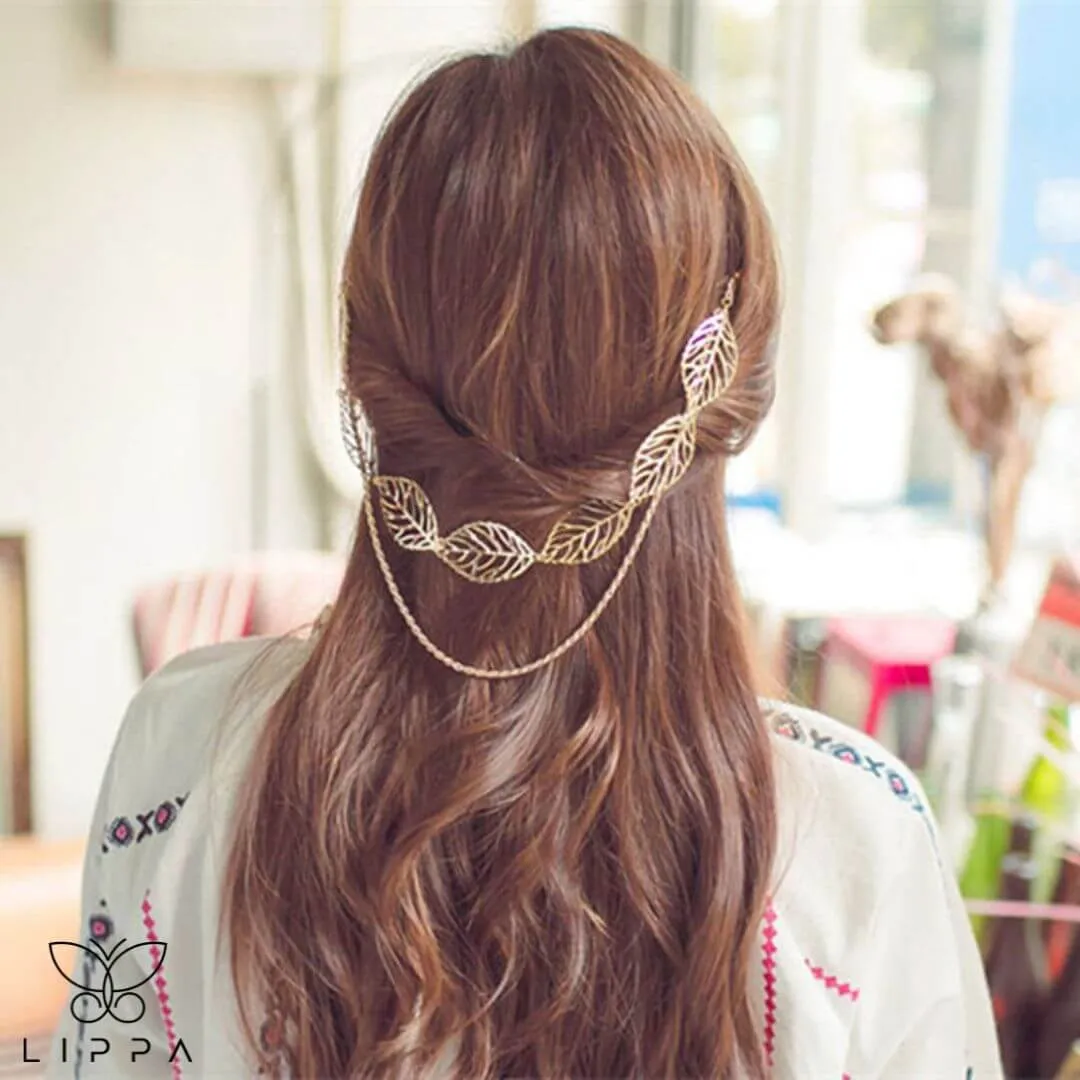 Head Chain Hollow Leaf Tassel Headpiece