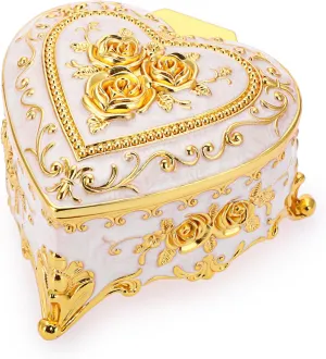 Hipiwe Vintage Metal Jewelry Box - Heart Shape Trinket Organizer Ring Box Case with Rose Pattern Jewelry Storage Box for Ring Earrings Necklace, Gift for Women Girls
