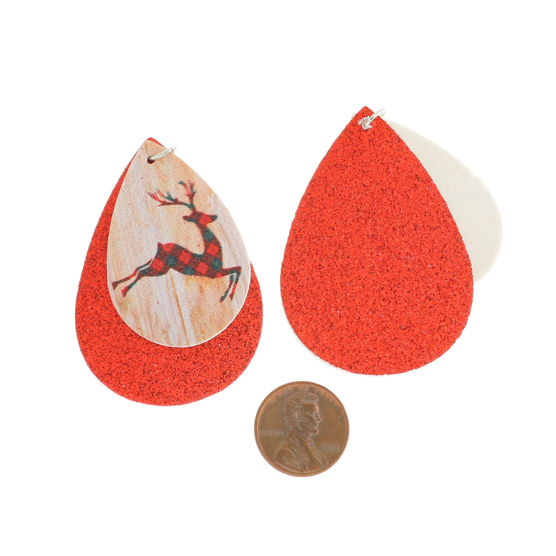 Imitation Leather Teardrop Pendants - Glitter Reindeer - 1 Pair 2 Pieces - LP255