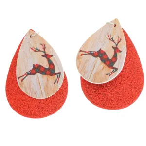 Imitation Leather Teardrop Pendants - Glitter Reindeer - 1 Pair 2 Pieces - LP255
