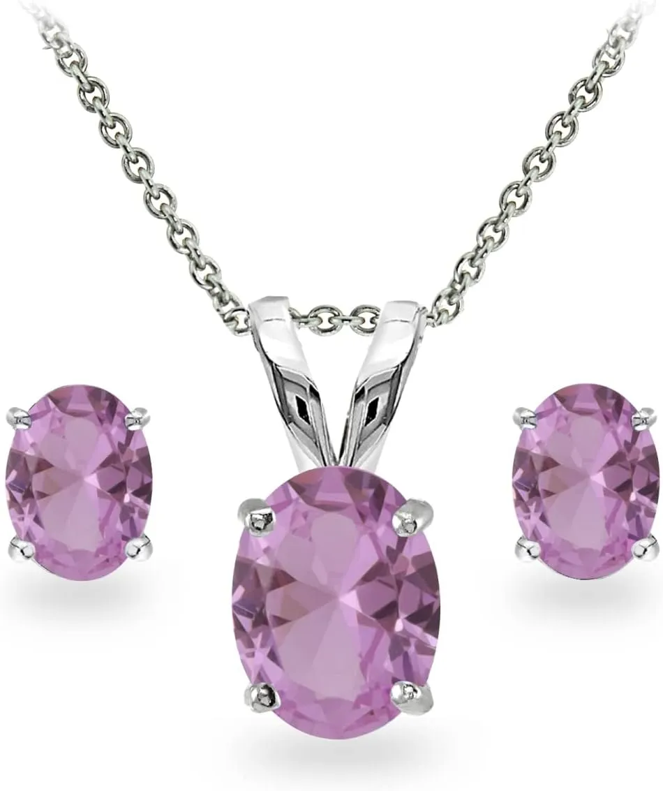 Jewelry Sets for Women, Necklace and Earring Sets for Women, Birthstone Jewelry, Genuine or Synthetic Gemstones, Oval Solitaire, Pendant Necklace, Stud Earrings, Sterling Silver Jewelry or Gold Flash