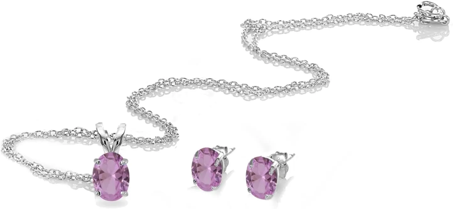 Jewelry Sets for Women, Necklace and Earring Sets for Women, Birthstone Jewelry, Genuine or Synthetic Gemstones, Oval Solitaire, Pendant Necklace, Stud Earrings, Sterling Silver Jewelry or Gold Flash