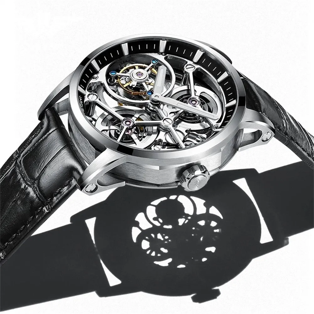 JINLERY Mechanical Hand Wind Watch for Men Tourbillon Nine-Position Man Watches Skeleton Luxury Clock Leather New часы мужские
