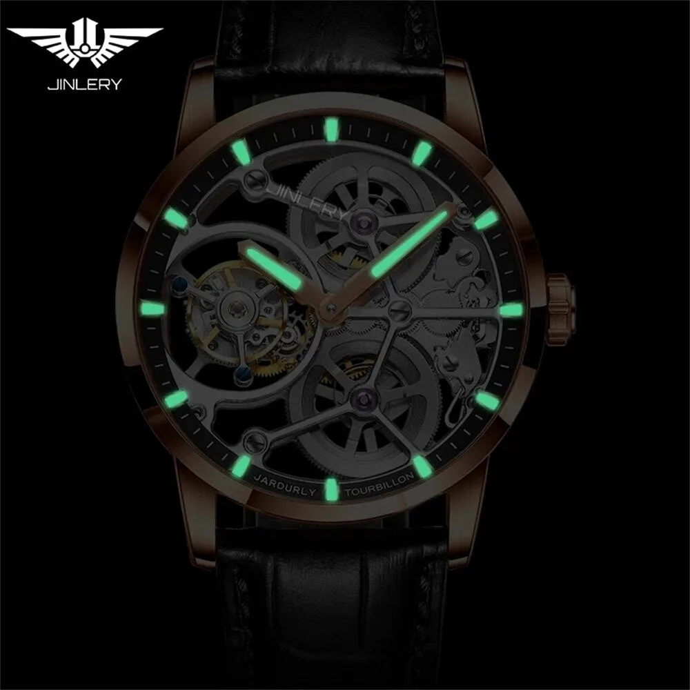 JINLERY Mechanical Hand Wind Watch for Men Tourbillon Nine-Position Man Watches Skeleton Luxury Clock Leather New часы мужские