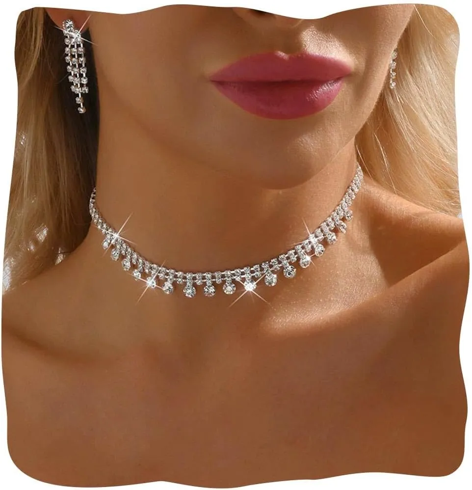 JONKY Rhinestone Choker Necklace Silver Crystal Necklaces Colorful Chokers Sparkly Neck Chain for Women
