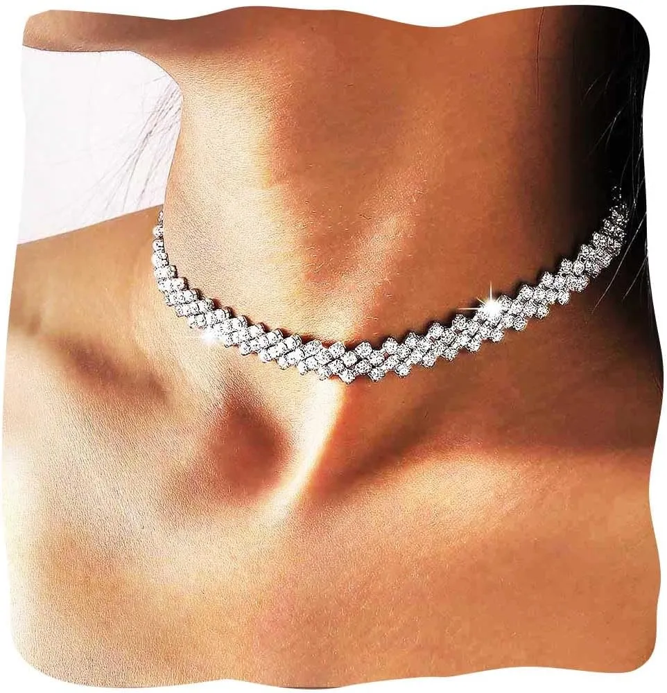 JONKY Silver Diamond Choker Necklace Sparkly Rhinestone Jewelry for Women