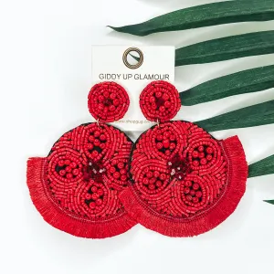 Large Seedbead and Crystal Beaded Statement Earrings with Fringe Trim in Red