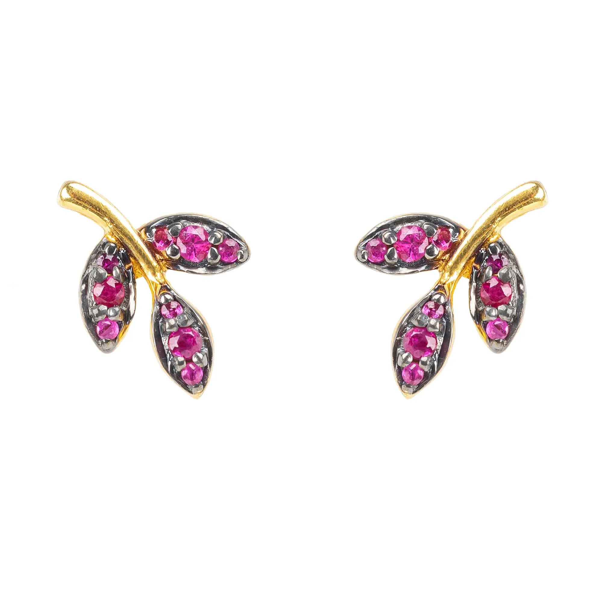 Leaf Ruby Gemstone Stud Earrings Gold