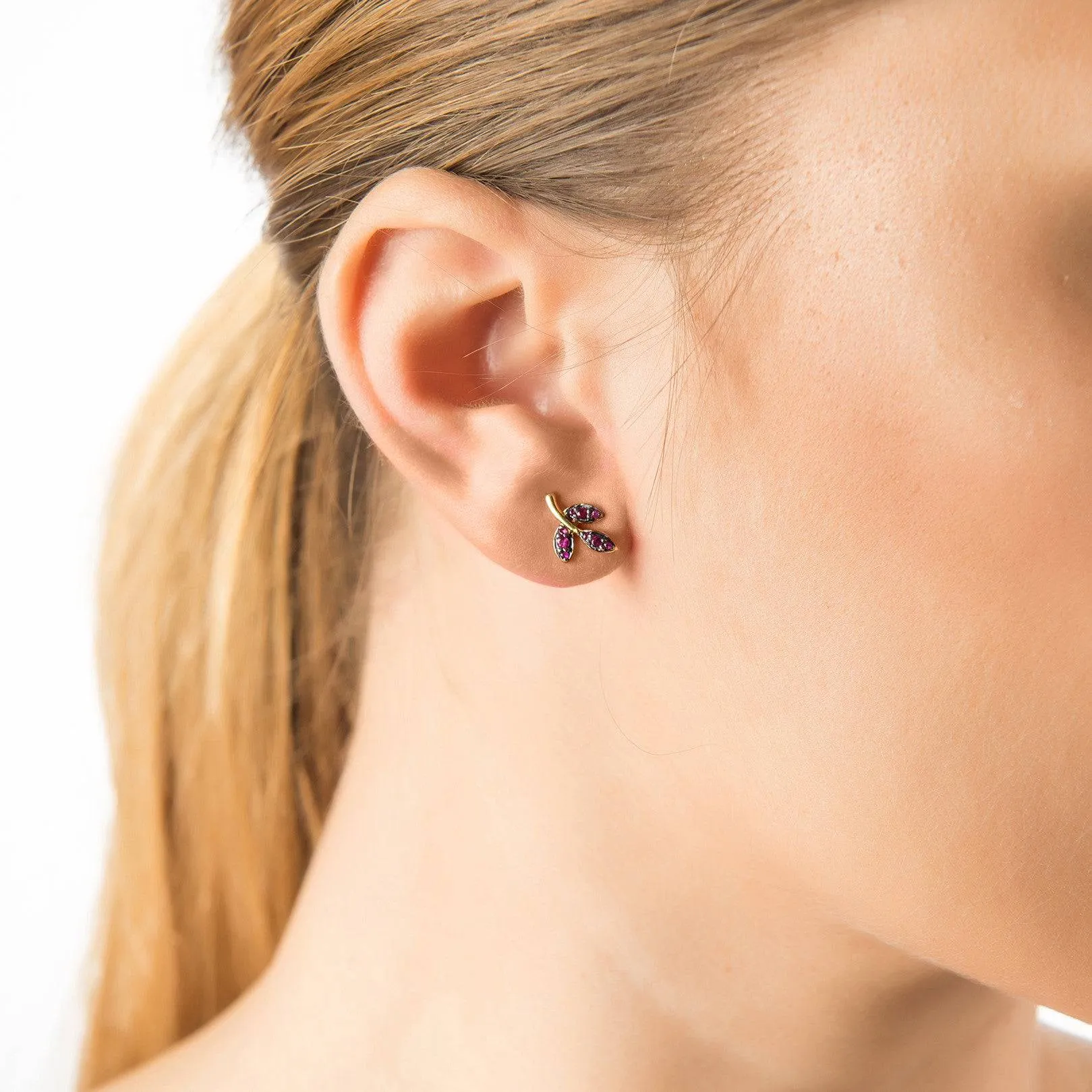 Leaf Ruby Gemstone Stud Earrings Gold