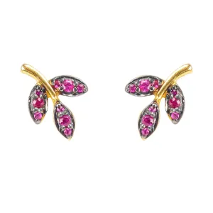 Leaf Ruby Gemstone Stud Earrings Gold