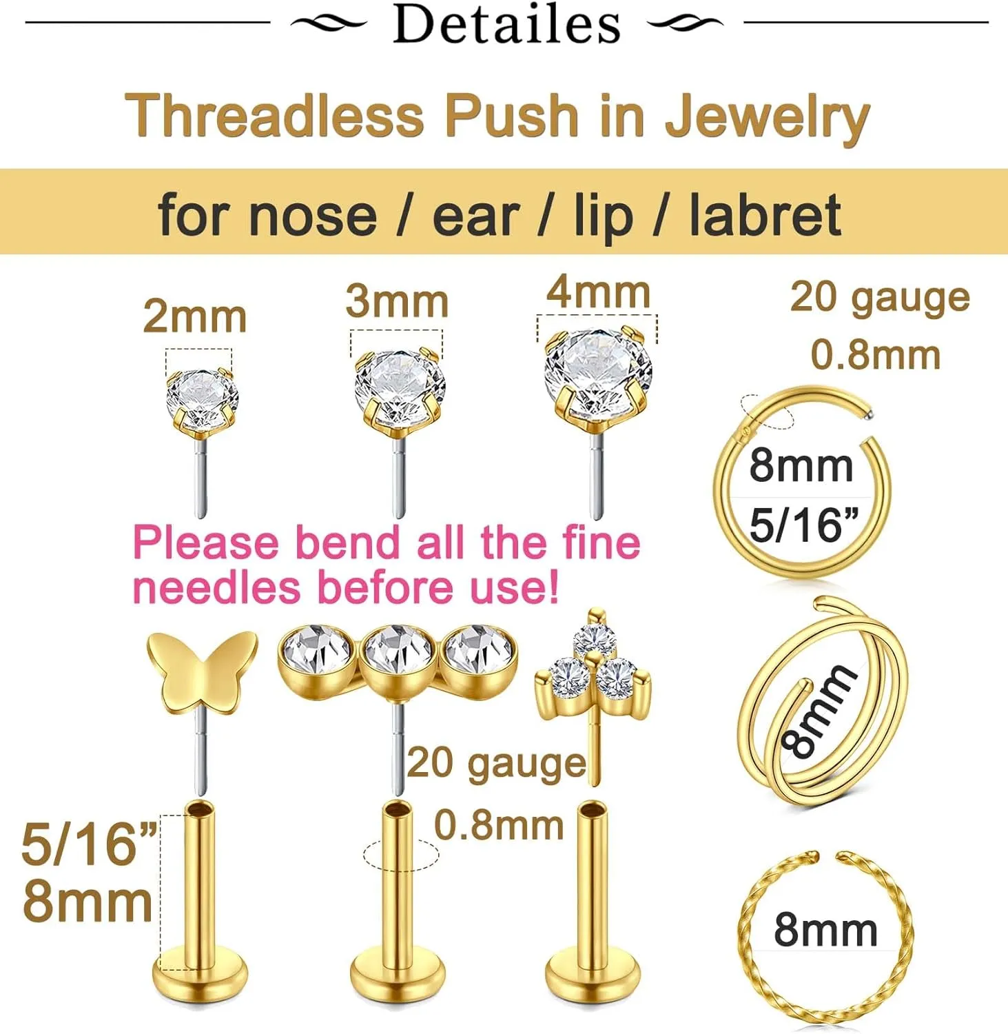 Longita Threadless Nose Stud 20g Flat Back Gold Cartilage Earring Silver Helix Earrings 20 Gauge Push in With Backs Nose Rings Hoops Piercing Taper