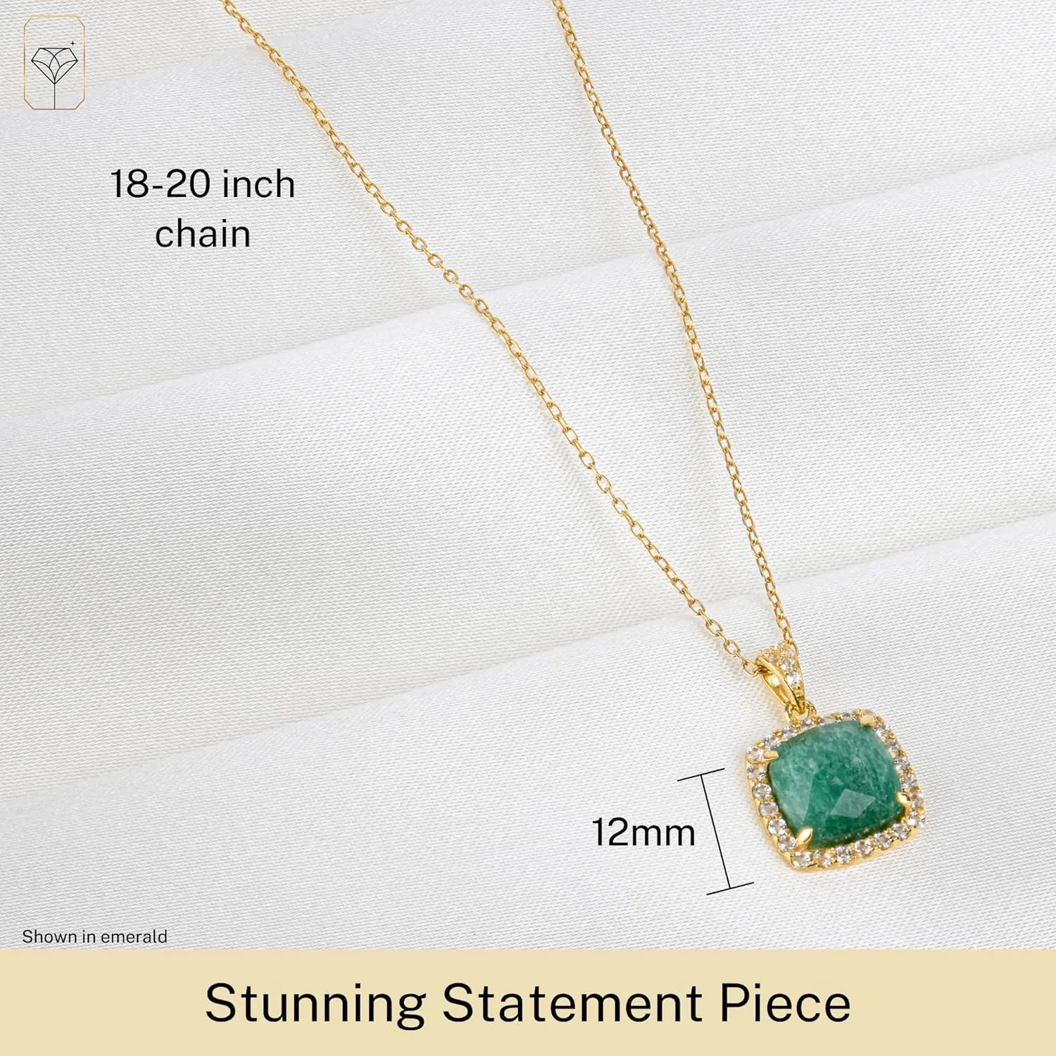 MAX   STONE 5 Ct. Gemstone Necklace for Women | 18k Gold Over Sterling Silver 10x10 MM Cushion Cut Birthstone Necklace with Halo | Adjustable 18-20 Inch Chain | Large Real Gold Pendant Necklace