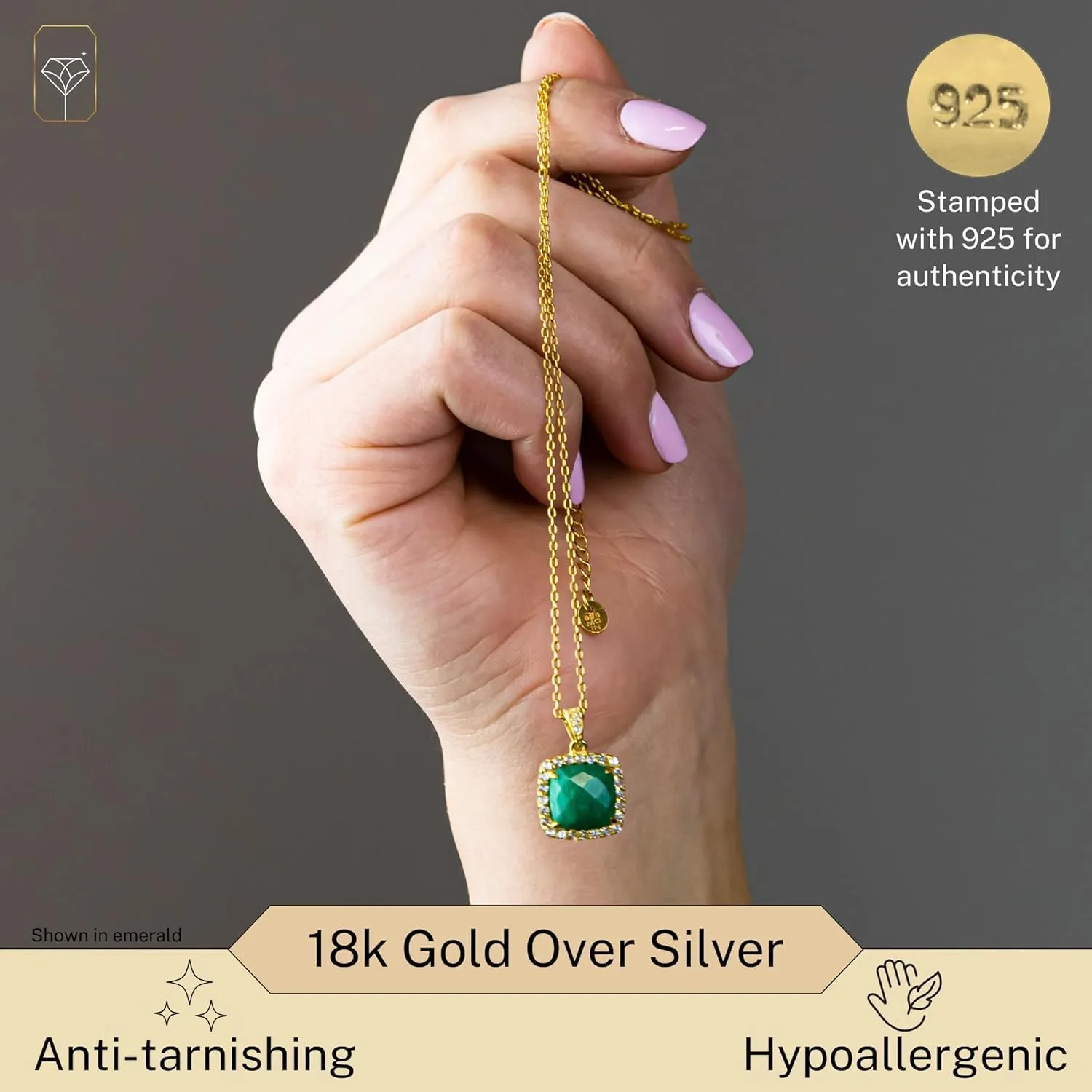 MAX   STONE 5 Ct. Gemstone Necklace for Women | 18k Gold Over Sterling Silver 10x10 MM Cushion Cut Birthstone Necklace with Halo | Adjustable 18-20 Inch Chain | Large Real Gold Pendant Necklace