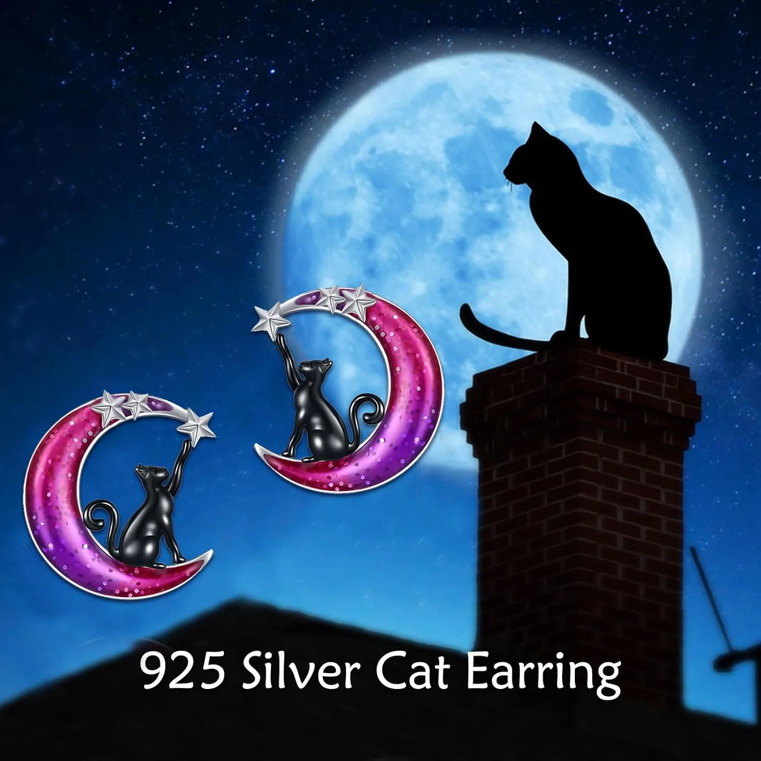 Moon Cat Earrings for Women 925 Sterling Silver Cat Stud Earrings Animal Earrings