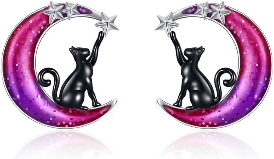 Moon Cat Earrings for Women 925 Sterling Silver Cat Stud Earrings Animal Earrings