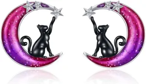 Moon Cat Earrings for Women 925 Sterling Silver Cat Stud Earrings Animal Earrings