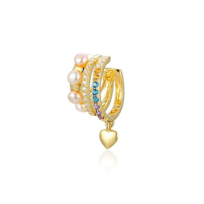Multi-layer Freshwater Pearl with Colourful Zircon Earbone Clip Silver Earrings for Women