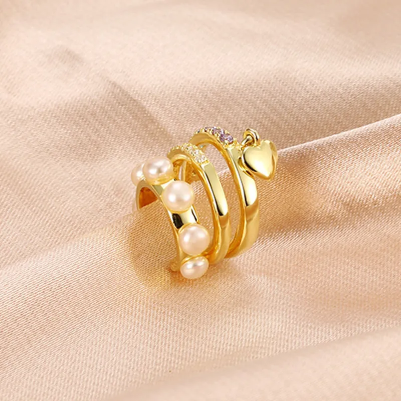 Multi-layer Freshwater Pearl with Colourful Zircon Earbone Clip Silver Earrings for Women
