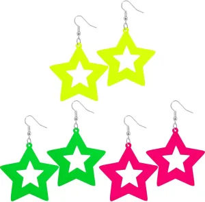 ONLYJUMP 3 Pairs 70s 80s Neon Earrings for Women Retro Pendant Acrylic Earring Geometry lightning Oval Stars Resin Neon Hot Pink Colorful Dangle Earrings 80's Outfit Glow Party Halloween Costume Accessory Jewelry