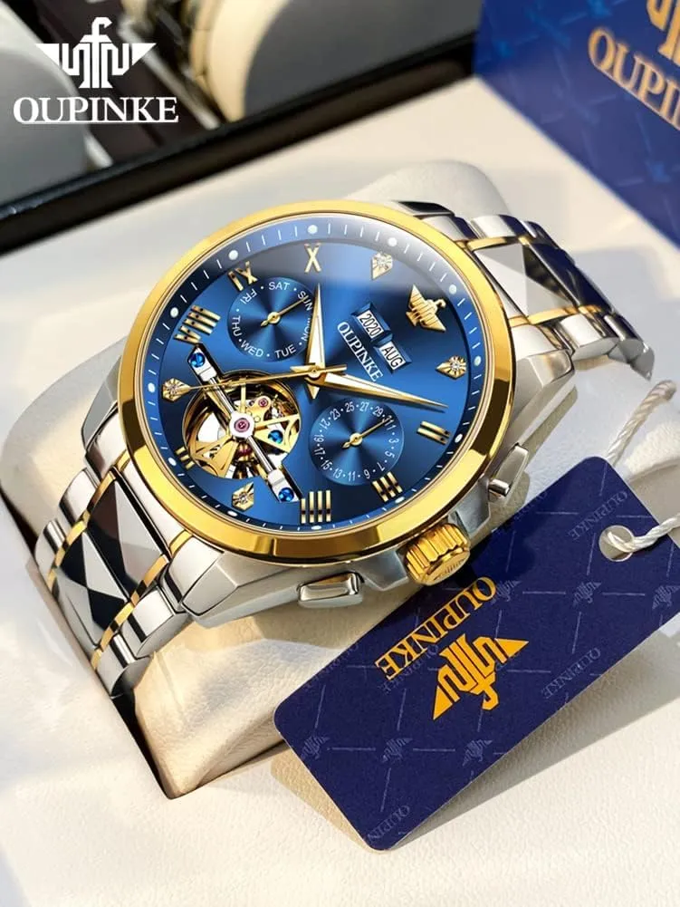 OUPINKE Black Men Automatic Mechanical Wrist Watches Luxury Dress Tungsten Steel Luminous Waterproof Sapphire Diamond Calendar Best Gifts Men