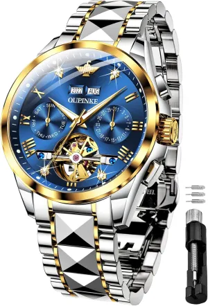 OUPINKE Black Men Automatic Mechanical Wrist Watches Luxury Dress Tungsten Steel Luminous Waterproof Sapphire Diamond Calendar Best Gifts Men
