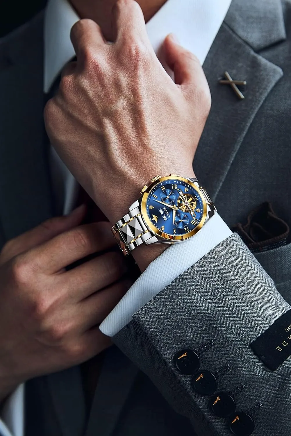 OUPINKE Black Men Automatic Mechanical Wrist Watches Luxury Dress Tungsten Steel Luminous Waterproof Sapphire Diamond Calendar Best Gifts Men