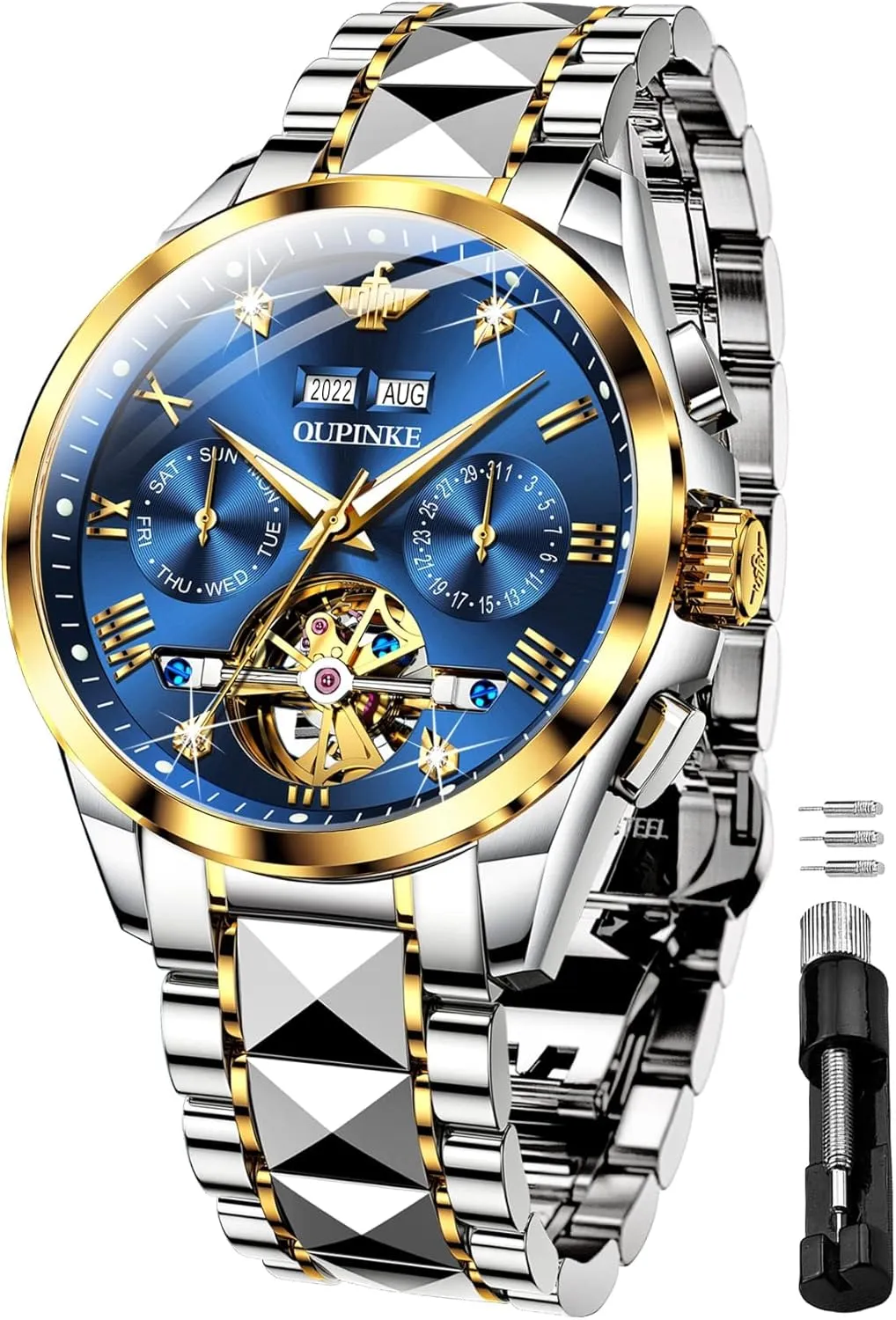 OUPINKE Black Men Automatic Mechanical Wrist Watches Luxury Dress Tungsten Steel Luminous Waterproof Sapphire Diamond Calendar Best Gifts Men