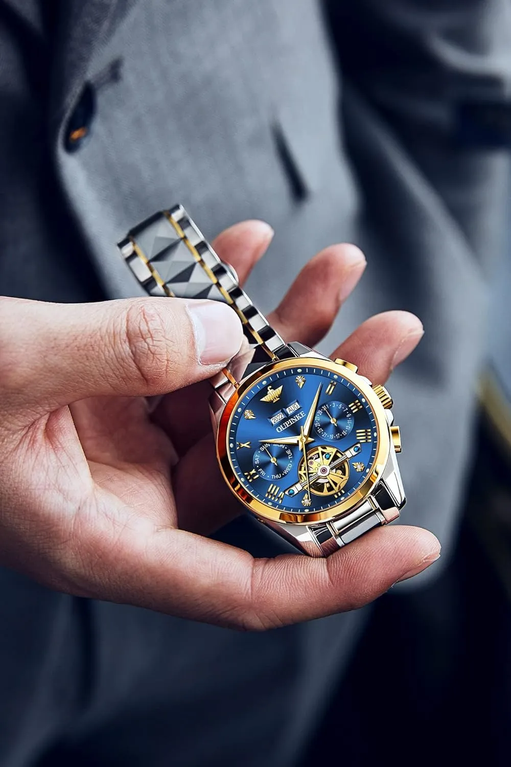 OUPINKE Black Men Automatic Mechanical Wrist Watches Luxury Dress Tungsten Steel Luminous Waterproof Sapphire Diamond Calendar Best Gifts Men