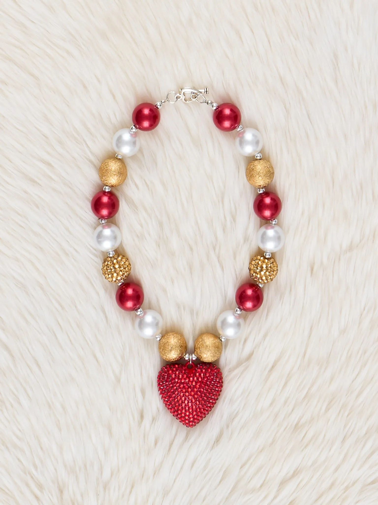 Pearl & Red Heart Charm Bubblegum Necklace