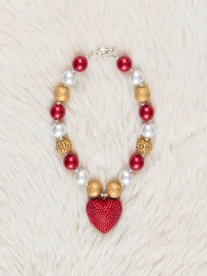 Pearl & Red Heart Charm Bubblegum Necklace