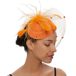 Pillbox Spot Veil and Feather Headband Fascinator - Orange