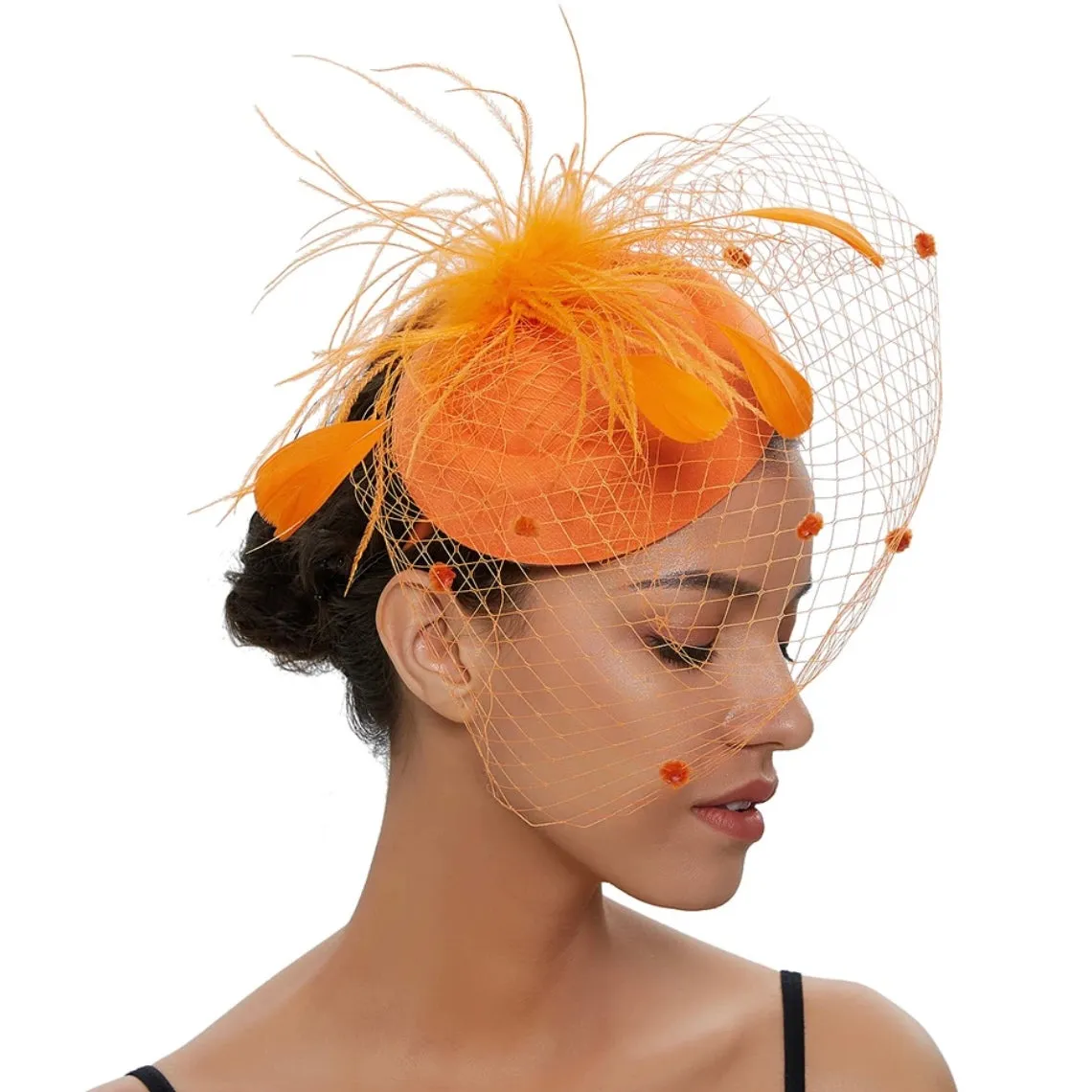 Pillbox Spot Veil and Feather Headband Fascinator - Orange