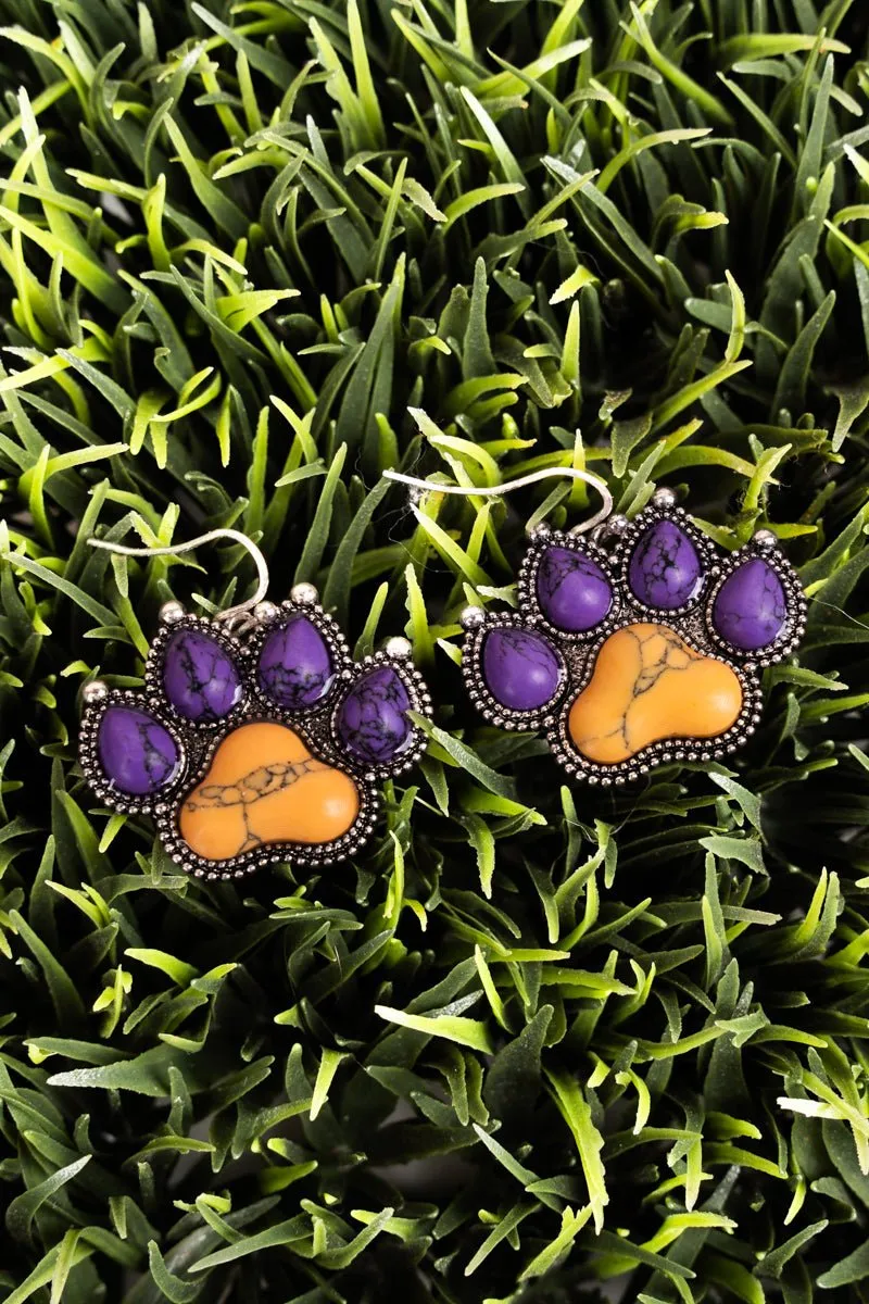 Purple and Yellow Silvertone Paw Print Earrings