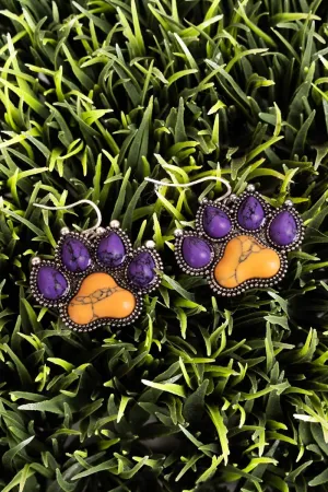Purple and Yellow Silvertone Paw Print Earrings
