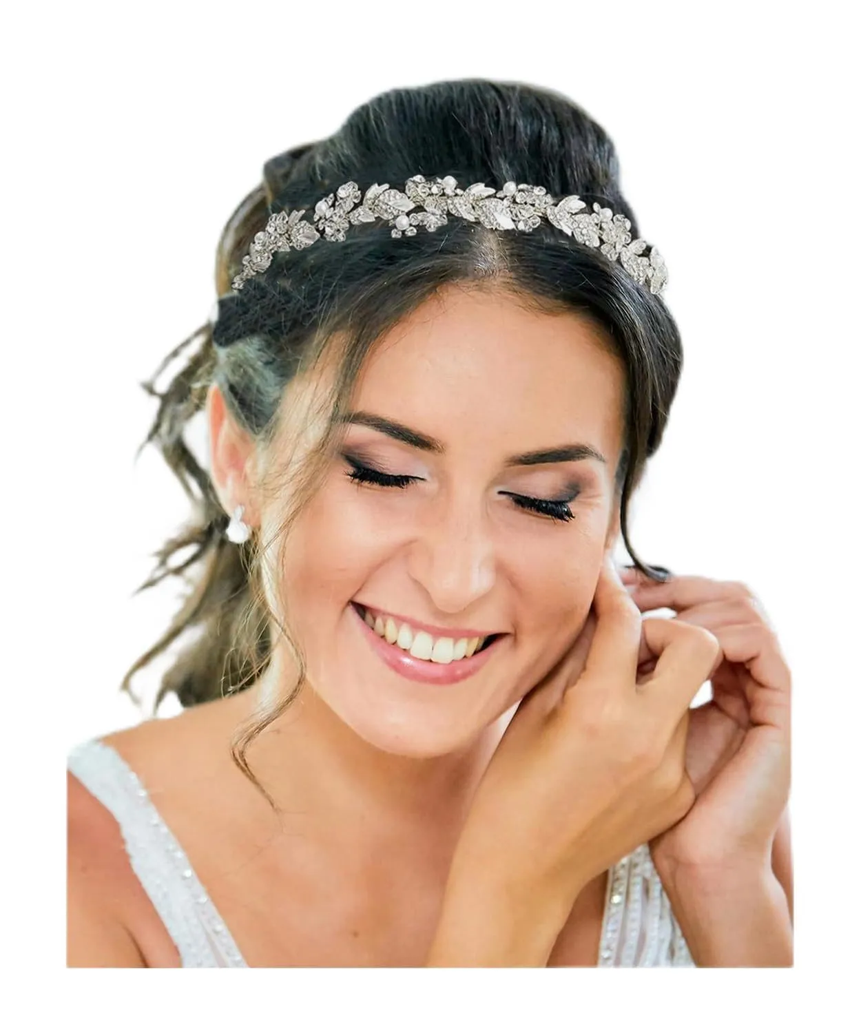 Rhinestone Bridal Headband Crystal Tiara for Women Pearl Wedding Headpieces for Bride Hair Accessories for Flower Girl Bridesmaid, Silver