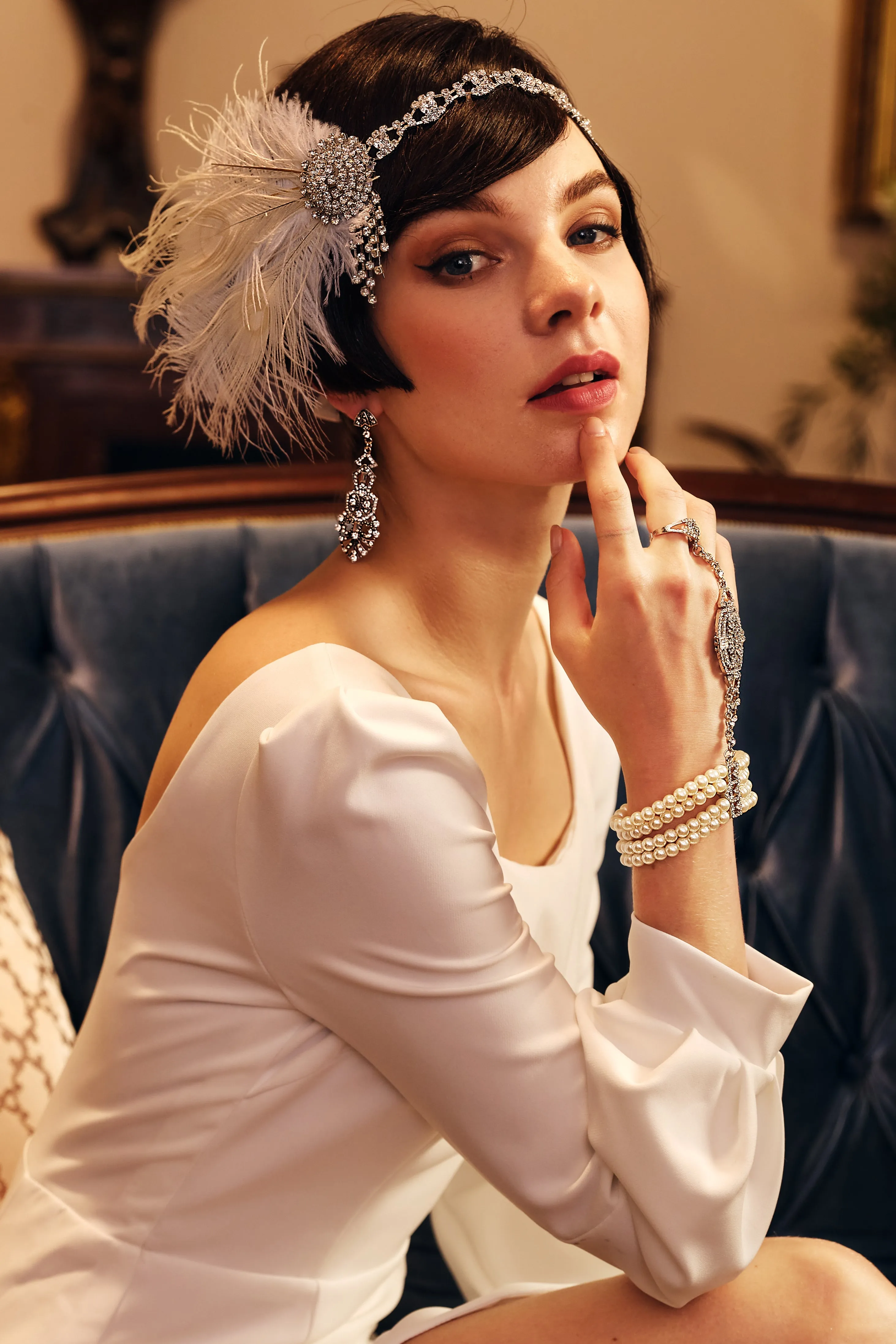 Rhinestone Chain Feather Headpiece