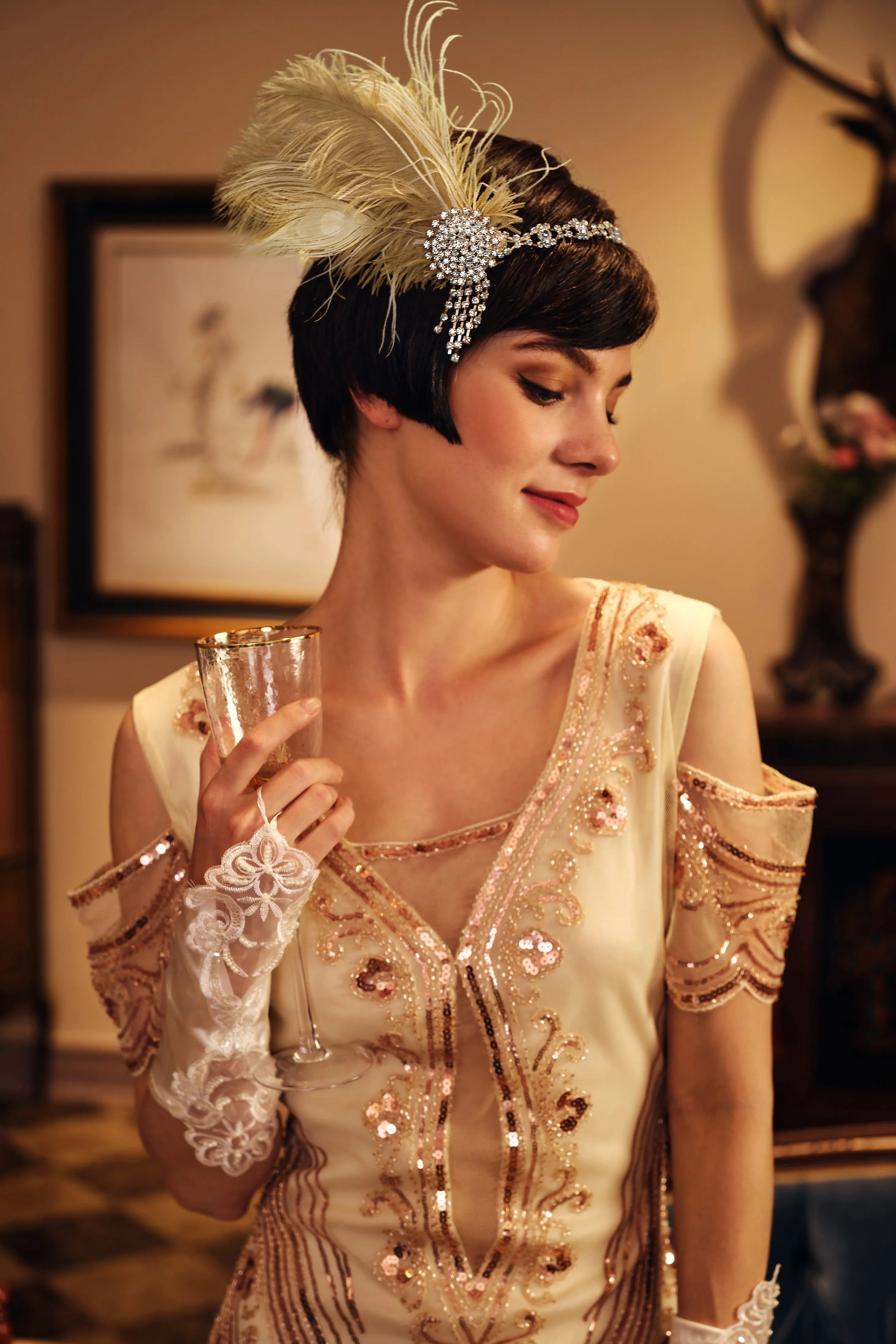 Rhinestone Chain Feather Headpiece