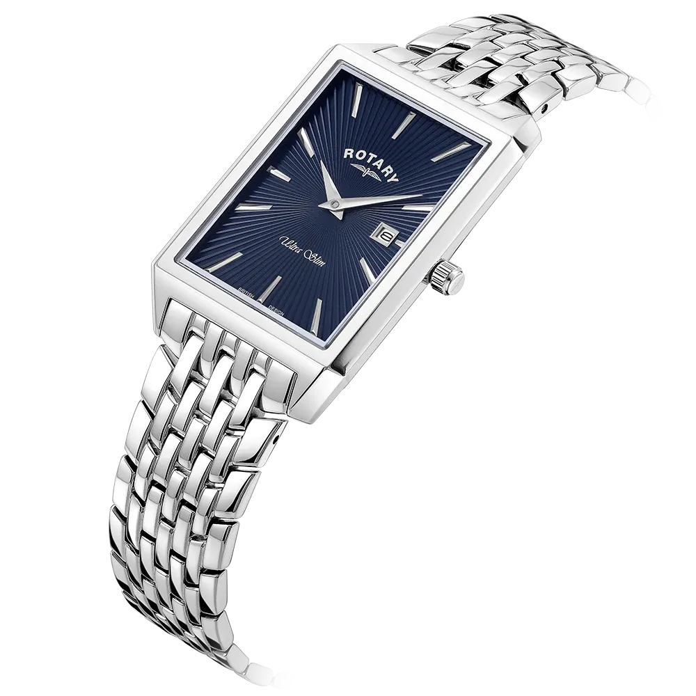 Rotary Ultra Slim Rectangular Blue Dial Bracelet Watch