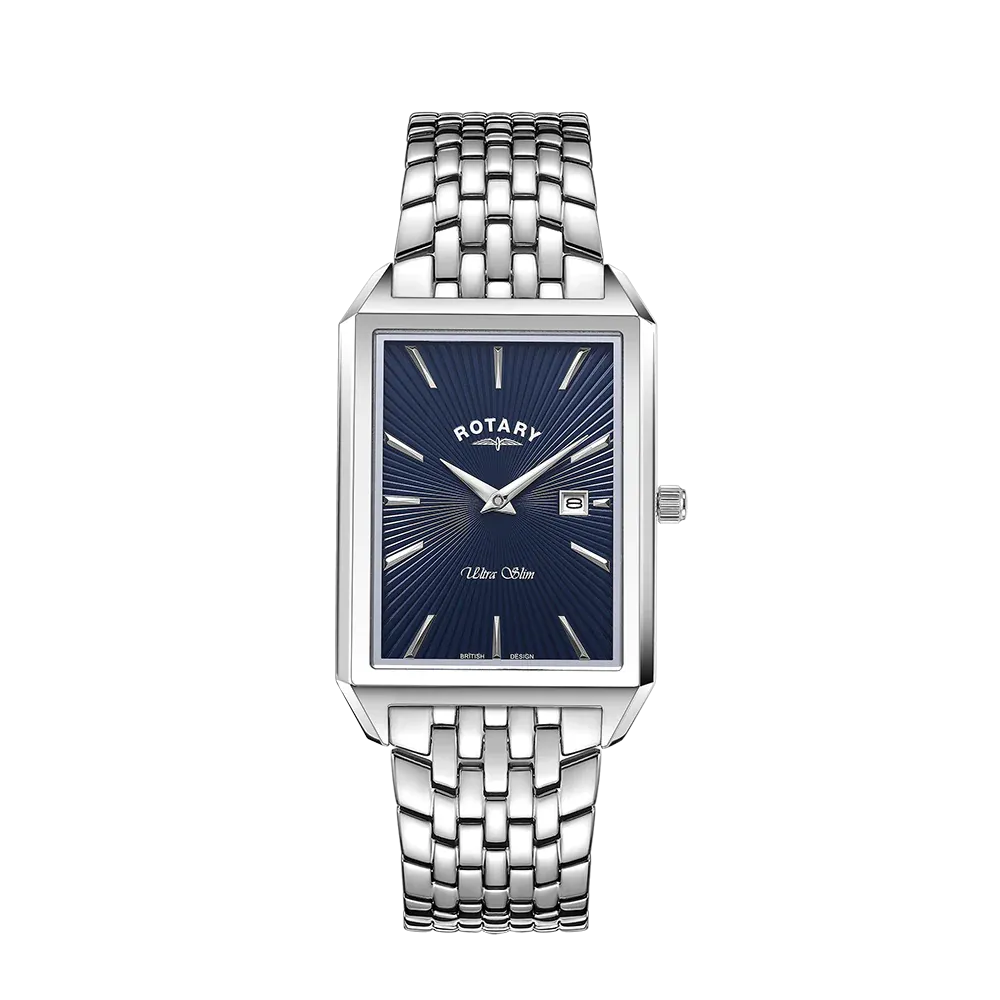 Rotary Ultra Slim Rectangular Blue Dial Bracelet Watch