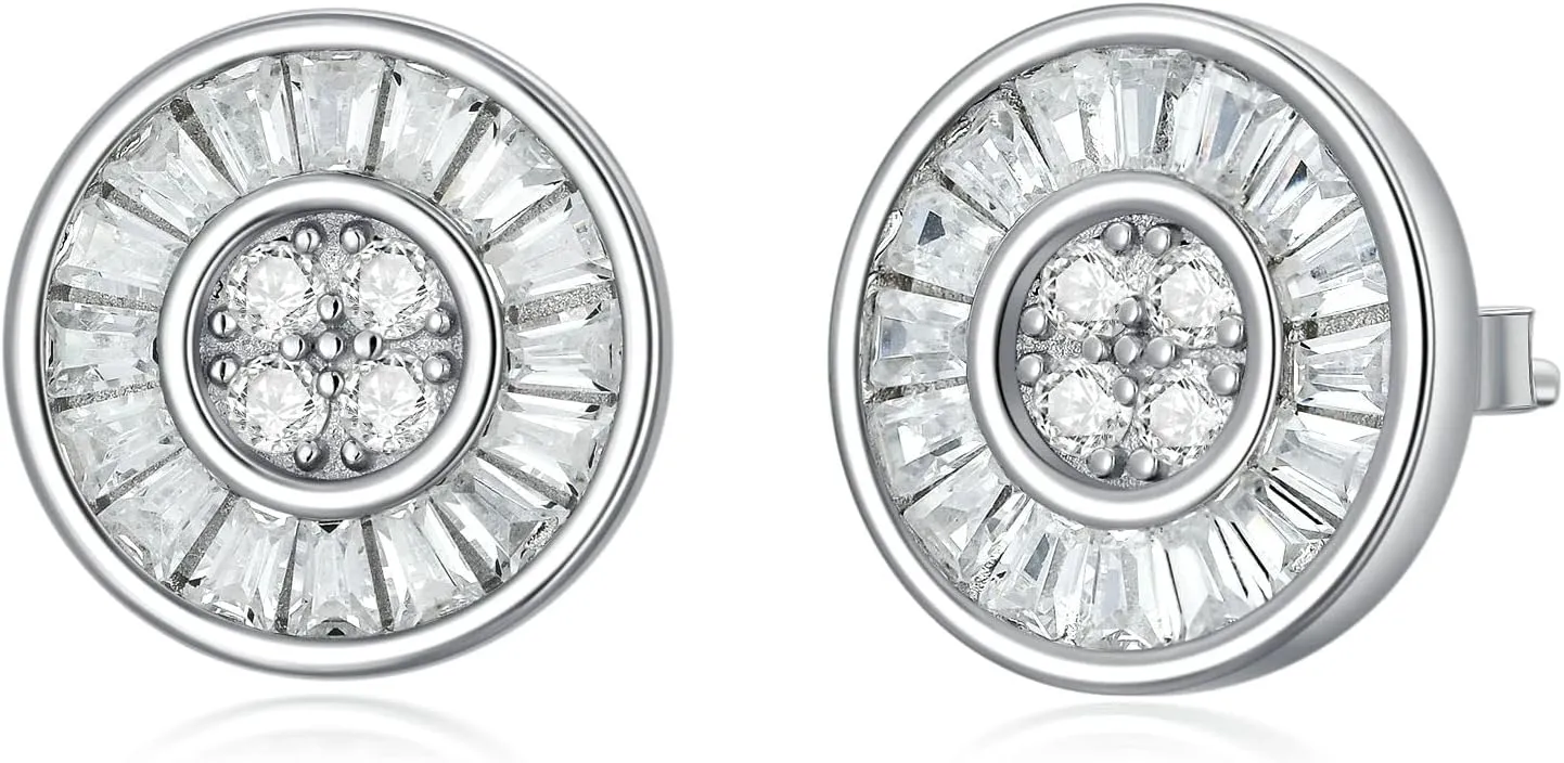 S925 Cubic Zirconia Stud Earrings, Sterling Silver 10.5x10.5 mm Baguette Cut Studs with 18K White Gold Plated, April Birthstone Stud Earrings for Her Women Ladies Mom