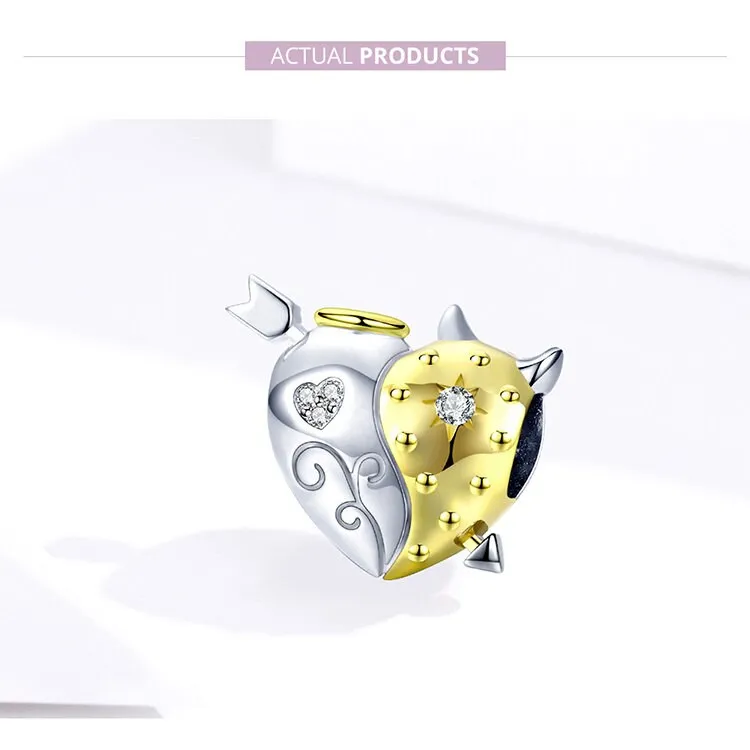 S925 Silver Angel and Devil Heart-Shape Charm Beads