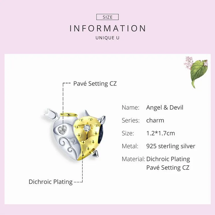 S925 Silver Angel and Devil Heart-Shape Charm Beads