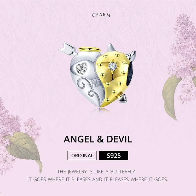 S925 Silver Angel and Devil Heart-Shape Charm Beads