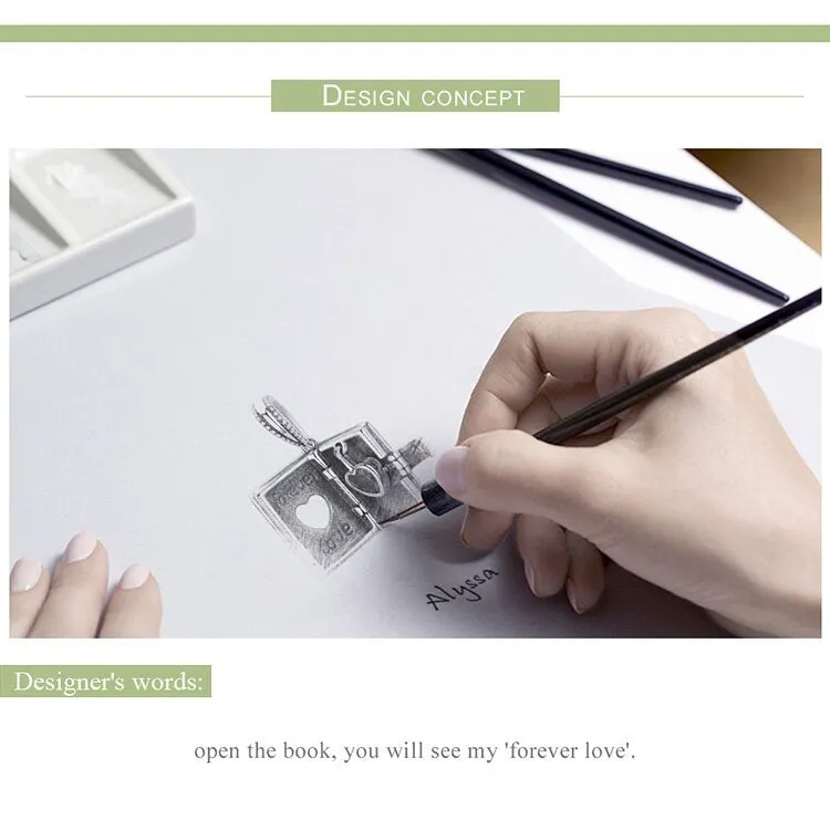 S925 Silver Open the Book Heart Charm Beads