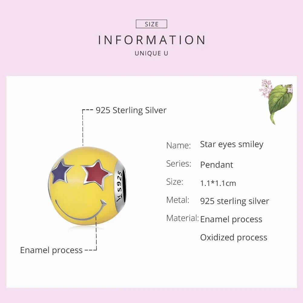 S925 Silver Star Eyes Smiley Charm