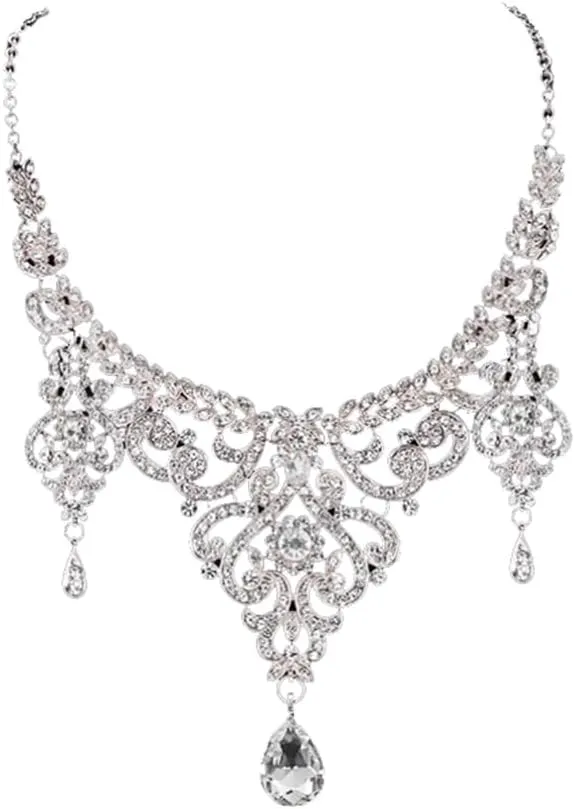 Secret for Longevity Silver Tone Retro Antique Vintage Art Deco Style Flapper Gatsby Rhinestone Statement Wedding Bridal Prom Necklace Earring Set