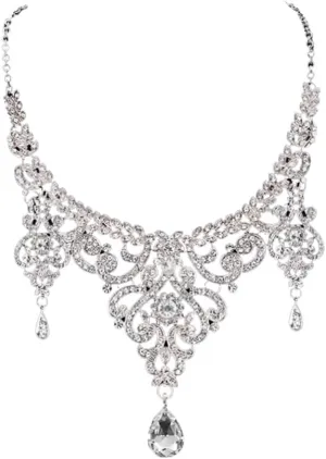 Secret for Longevity Silver Tone Retro Antique Vintage Art Deco Style Flapper Gatsby Rhinestone Statement Wedding Bridal Prom Necklace Earring Set