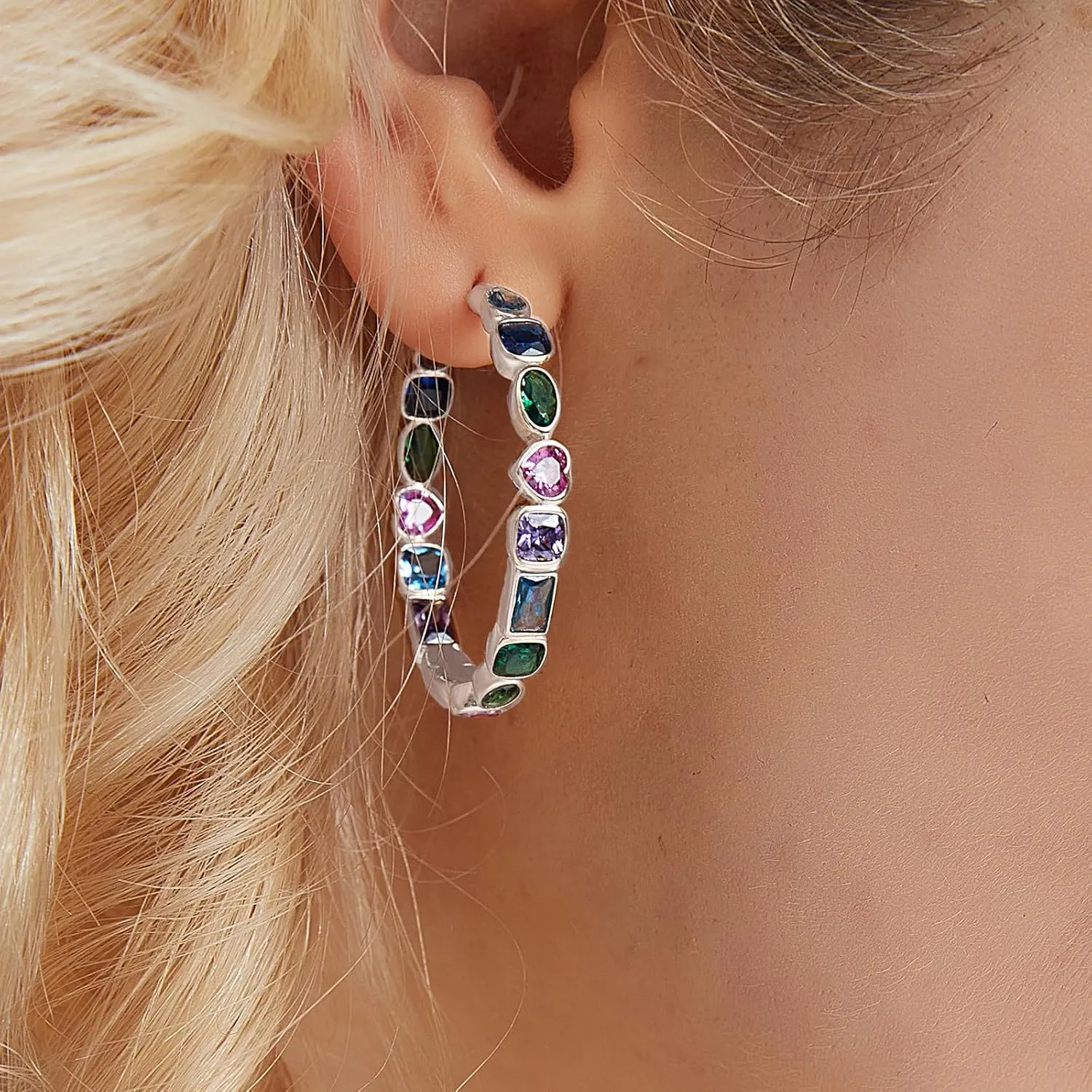 Silver Colorful Hoop Earrings 14K Gold Rose Gold Plated Cubic Zirconia Hoop Earrings for Women Colorful CZ Earrings Birthday Christmas Gifts