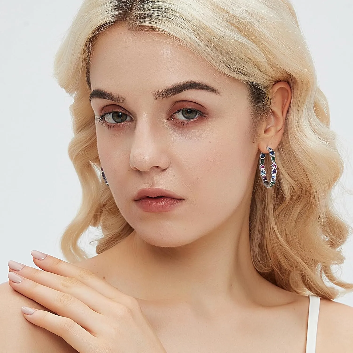 Silver Colorful Hoop Earrings 14K Gold Rose Gold Plated Cubic Zirconia Hoop Earrings for Women Colorful CZ Earrings Birthday Christmas Gifts